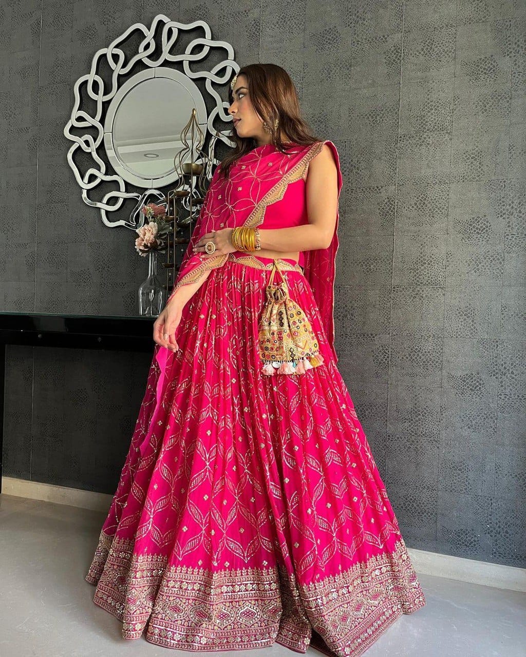 Pink Color Heavy Sequins  Embroidery Work Designer Lehenga