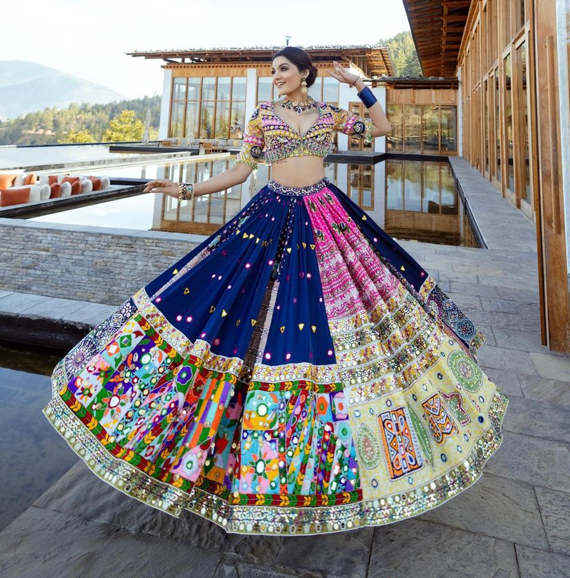 Blue Colour  Maslin Cotton With Digital Print Real Mirror Navratri  Special Lehenga Choli Set