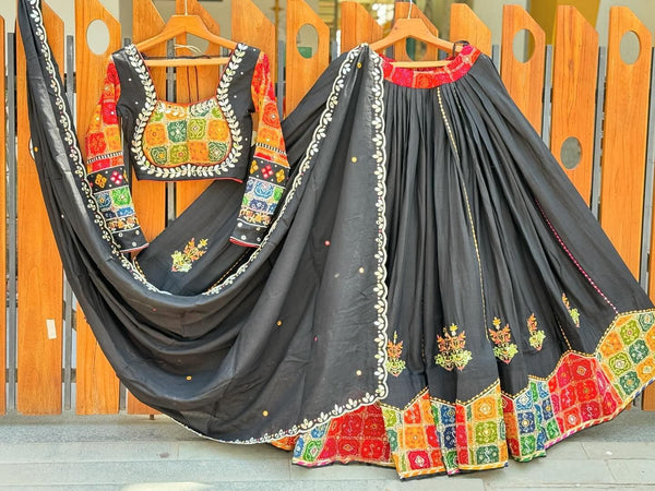 Black Color Digital Printed Mirror Work Navratri Lehenga Choli