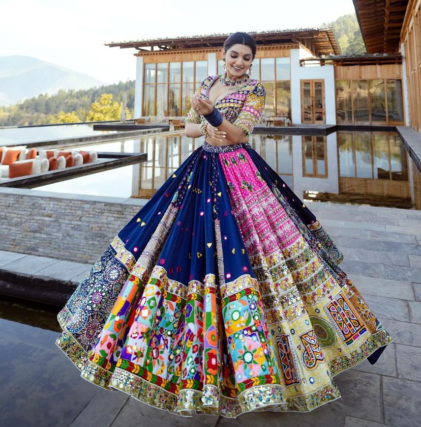 Blue Colour  Maslin Cotton With Digital Print Real Mirror Navratri  Special Lehenga Choli Set