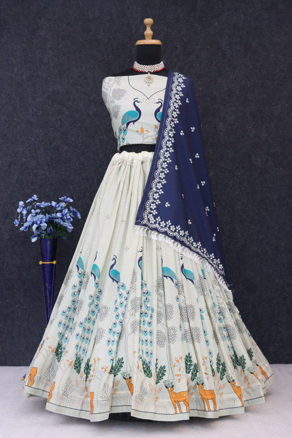 White Color Digital Printed Mirror Work Navratri Lehenga Choli
