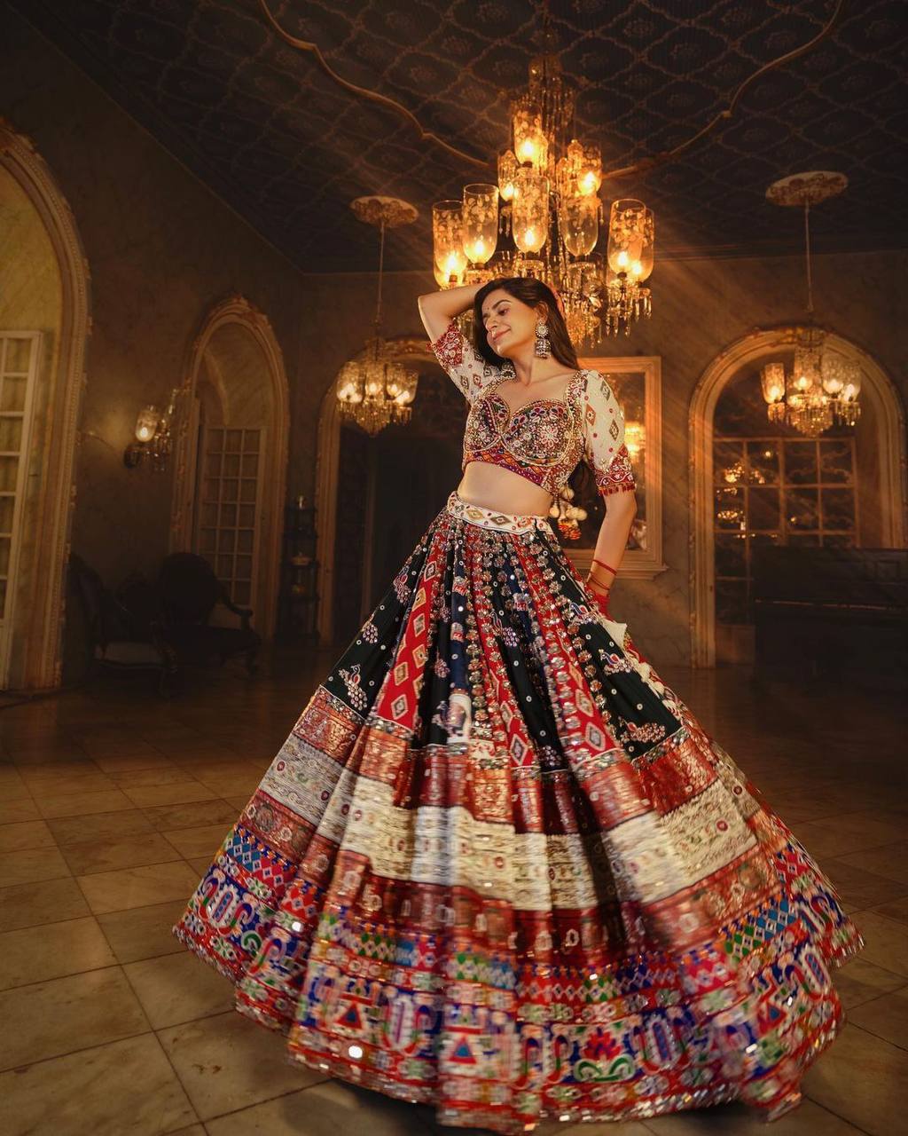 Traditional Kinjal Dave Special Print And MIrror Work Muslin Lehenga Choli