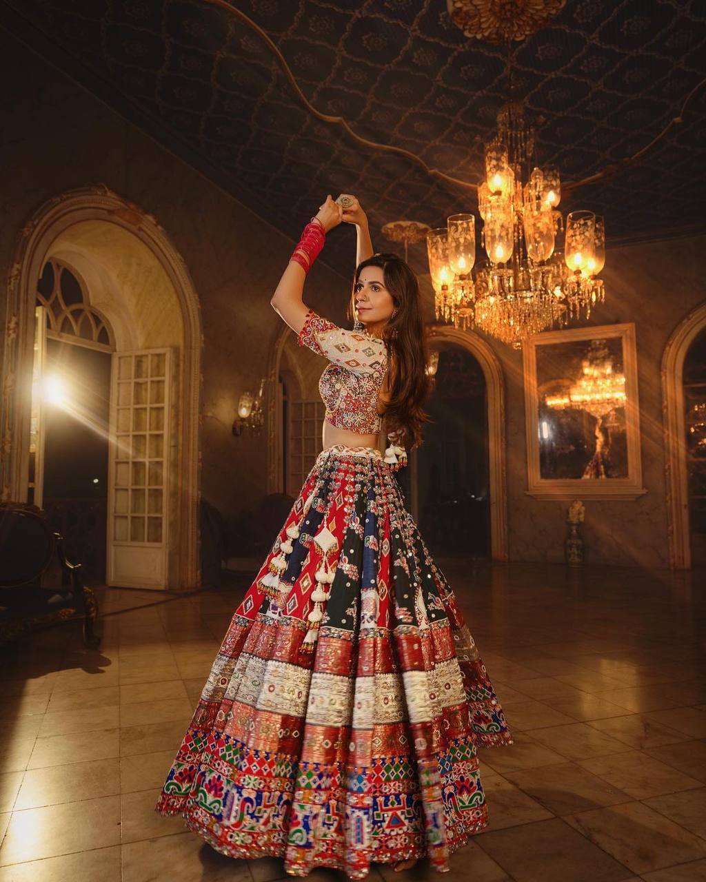 Traditional Kinjal Dave Special Print And MIrror Work Muslin Lehenga Choli