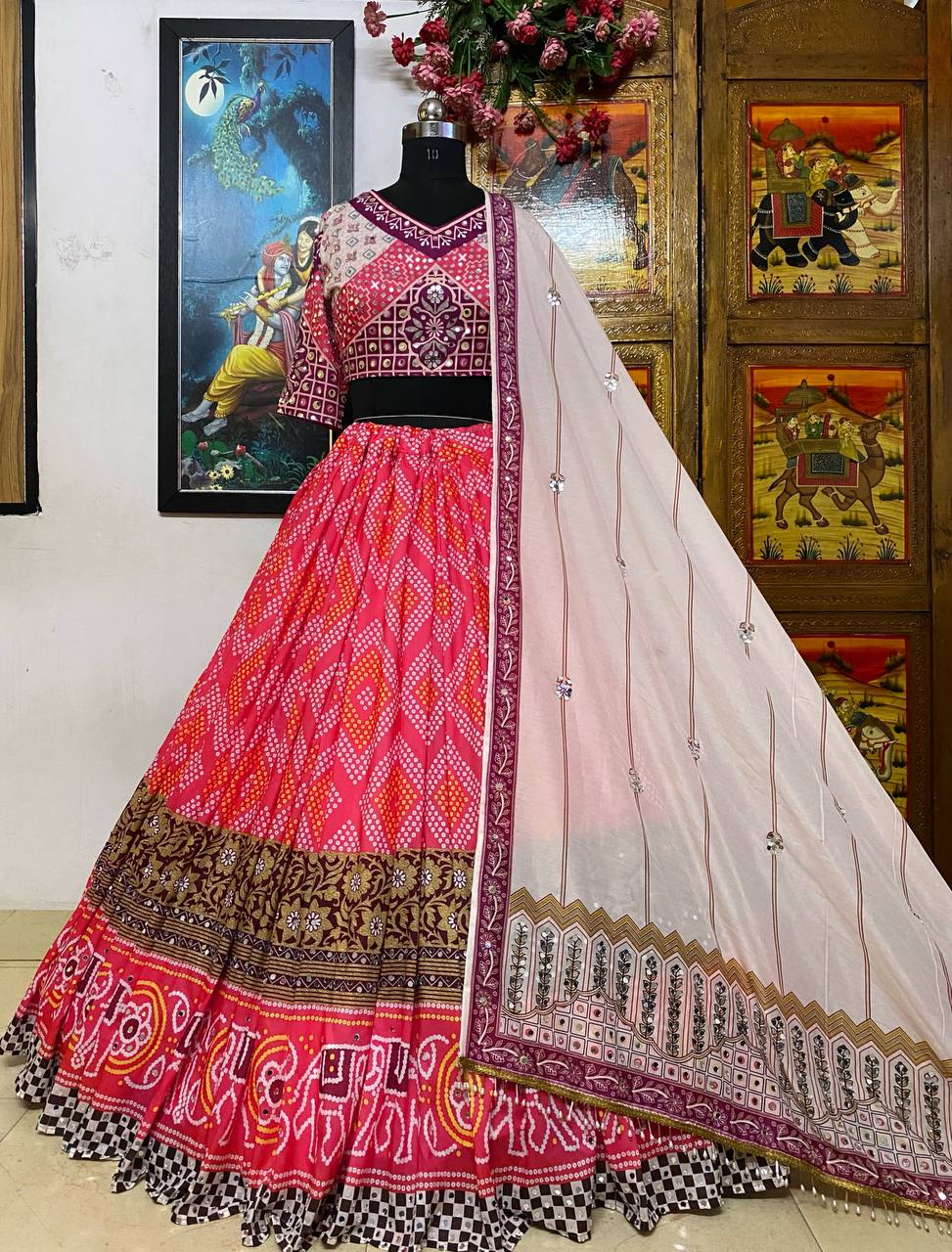 Light Pink Color Maslin Cotton With Digital Print Real Mirror Navratri Special Lehenga Choli Set