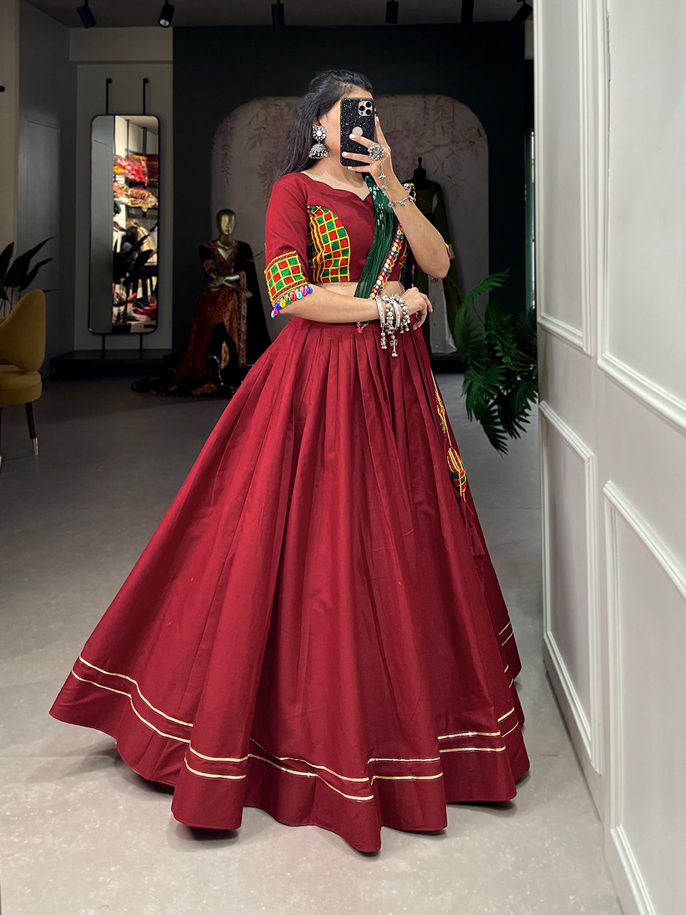 Maroon Color Pure Cotton Traditional Lehenga With Heavy Gamthi Work Blouse