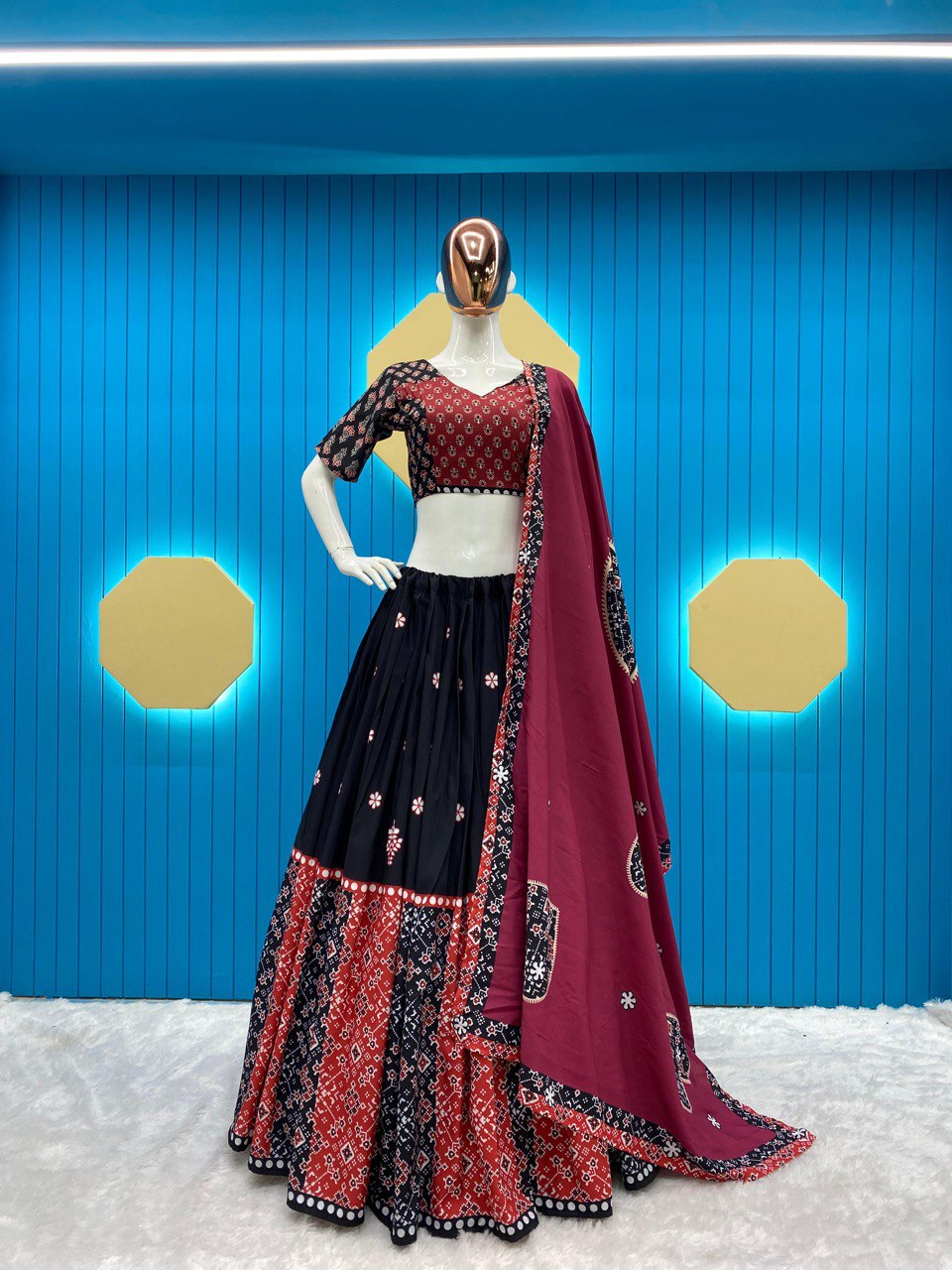 Black Colour Reyon With Printed Work  Navratri  Special Lehenga Choli Set