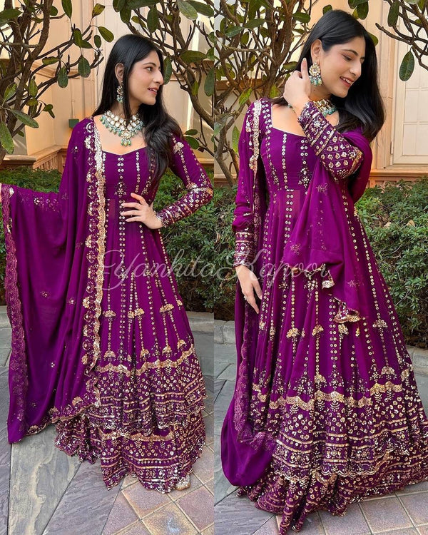 Purple Color Heavy Georgette New Designer Embroidered Anarkali Gown With Sharara Suit