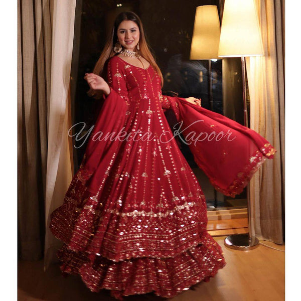 Red Color Heavy Georgette New Designer Embroidered Anarkali Gown With Sharara Suit