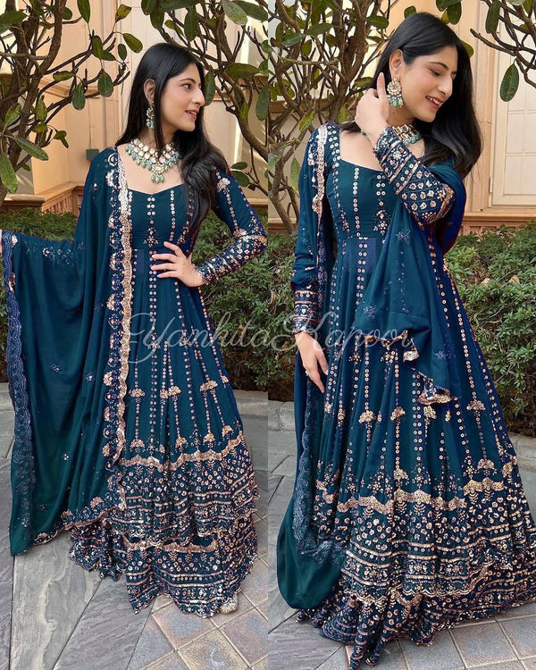 Rama Color Heavy Georgette New Designer Embroidered Anarkali Gown With Sharara Suit