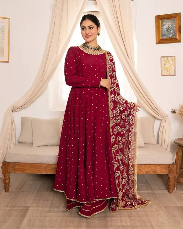 Beet Color Heavy Georgette New Designer Embroidered Anarkali Gown With Pallzo