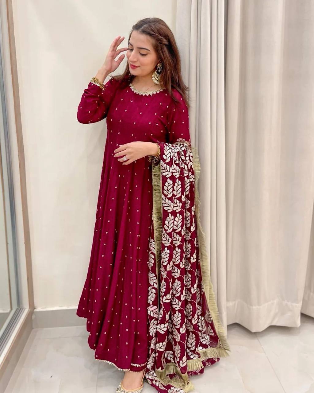 Beet Color Heavy Georgette New Designer Embroidered Anarkali Gown With Pallzo