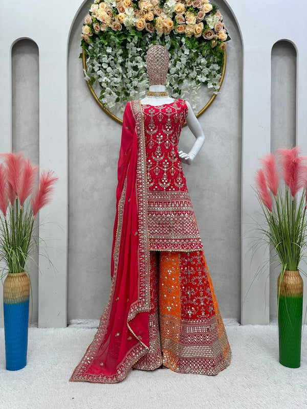 Orange And Pink Color Fox Georgette With Zari Work Plazzo Suit