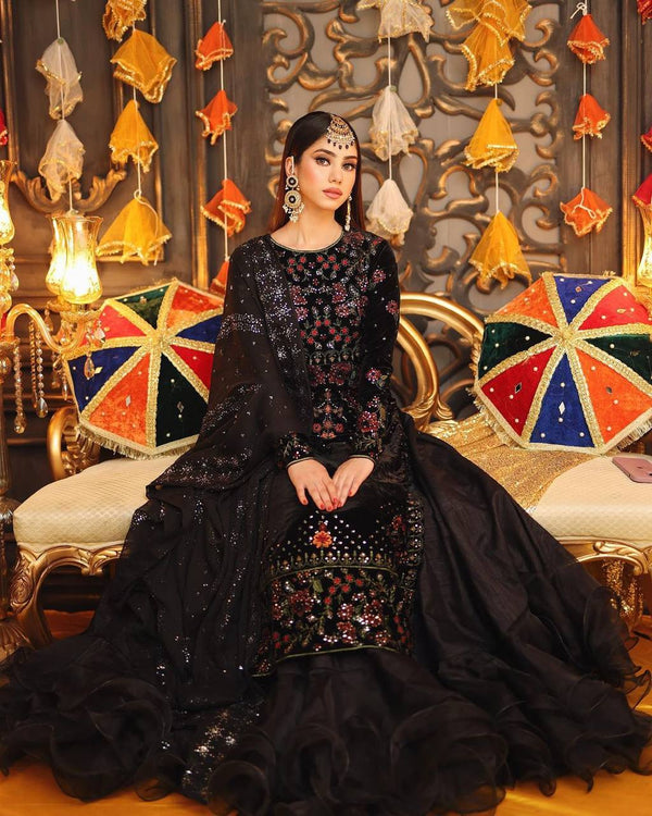 Black Color Velvet With Thread Sequence Work Lehenga Top Set