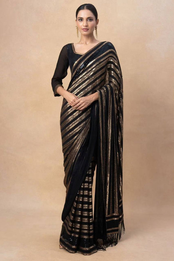 Black Color Georgette With Sequence Work Designer Saree