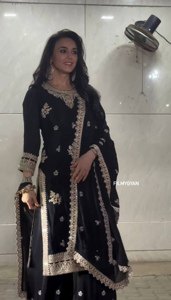 Black Color Foux Georgette Thread work Designer Wedding Wear Salwar Suit With Dupatta