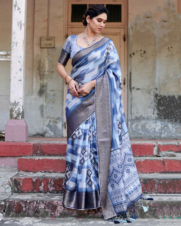 White Blue Color Pure Silk Digital Printed Party Wear Saree