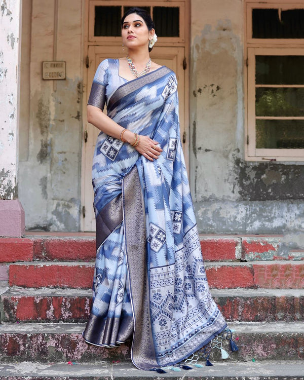 Blue White Color Pure Silk Digital Printed Festive Wear Saree