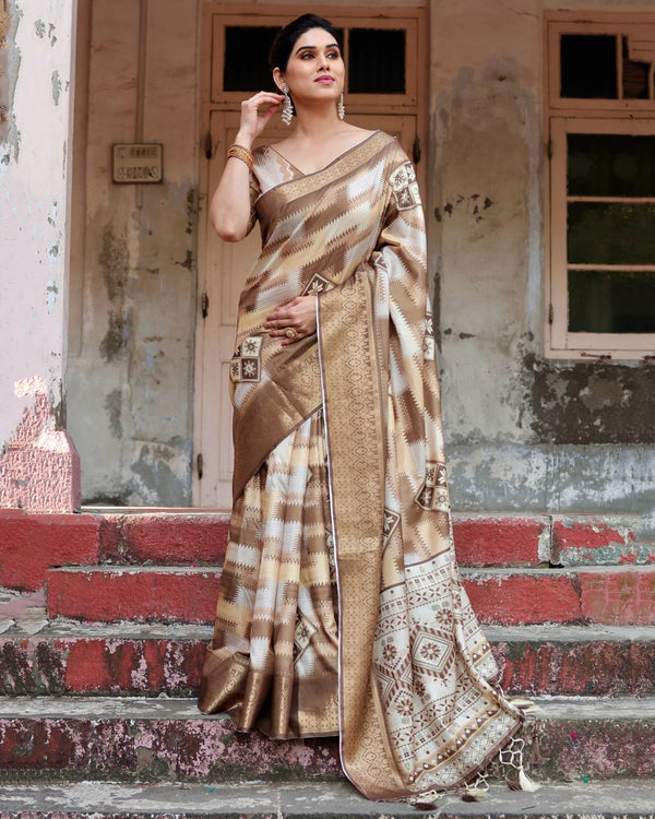 White Brown Color Pure Silk Digital Printed Party Wear Saree