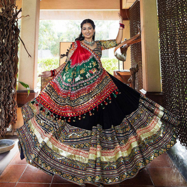 Black Color Muslin Cotton With Digital Print Real Mirror Work Designer Lehenga Choli Set