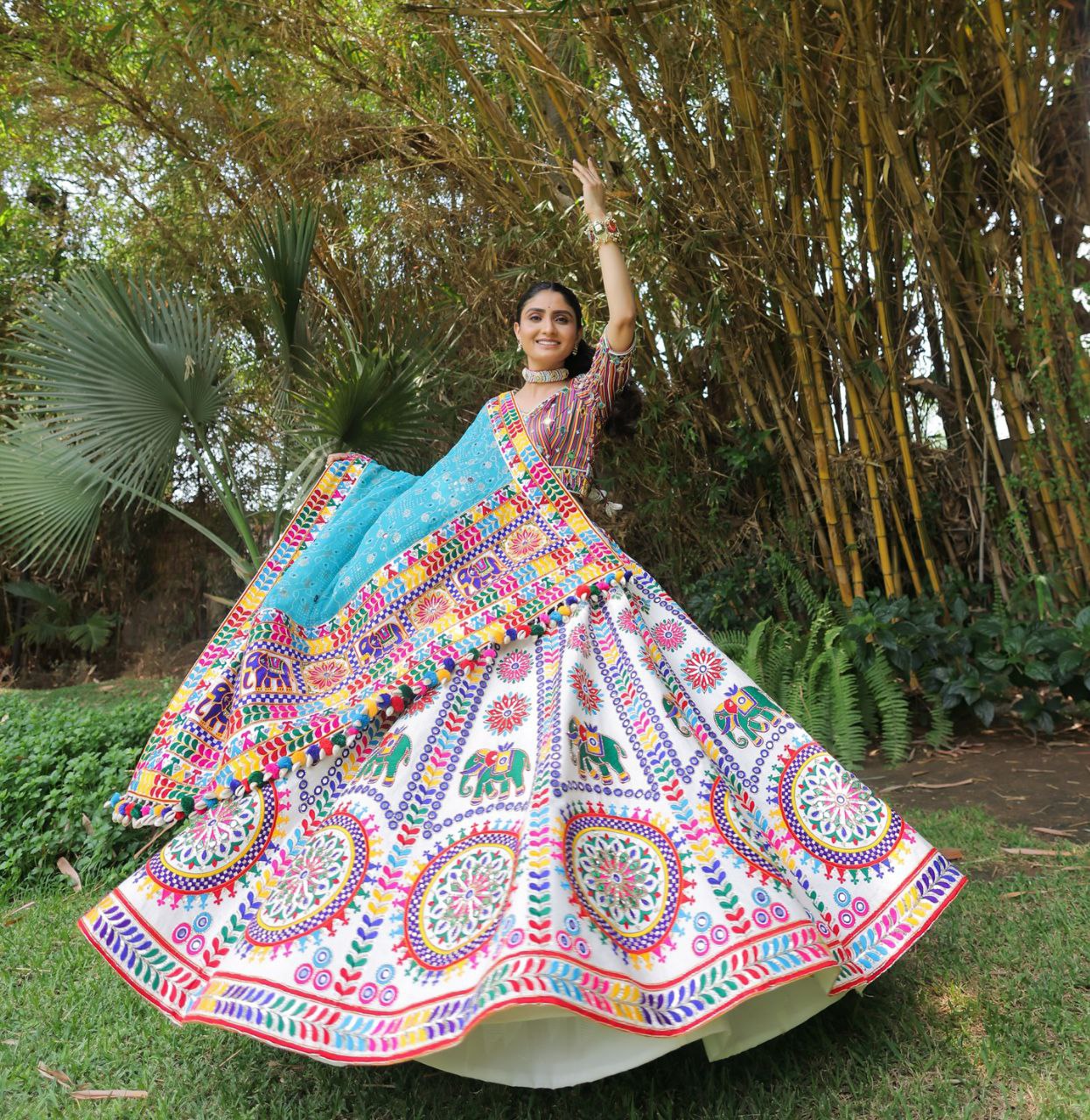 Geeta Rabari Wear White Color Real Mirror With Printed Cotton Navratri Lehenga