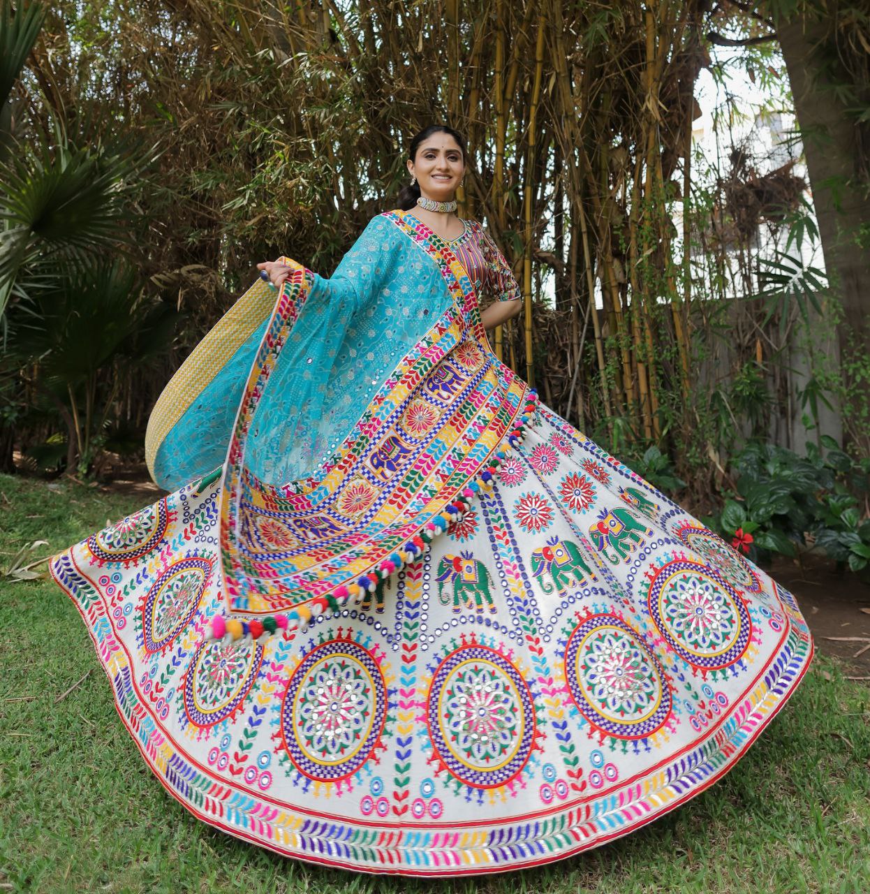 Geeta Rabari Wear White Color Real Mirror With Printed Cotton Navratri Lehenga