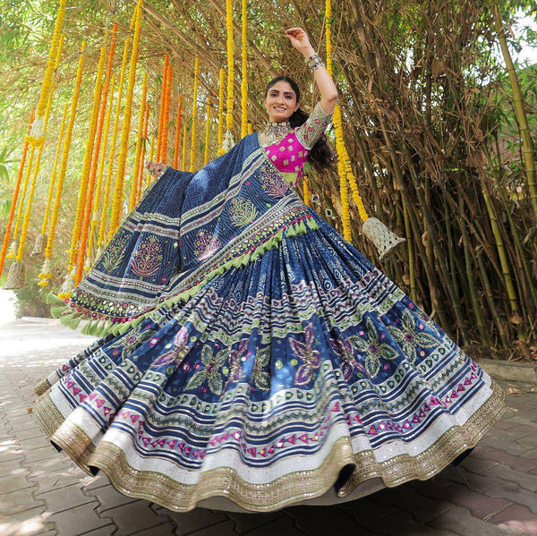 Blue Color Digital Printed Mirror Work Cotton  Trendy Chaniya Choli