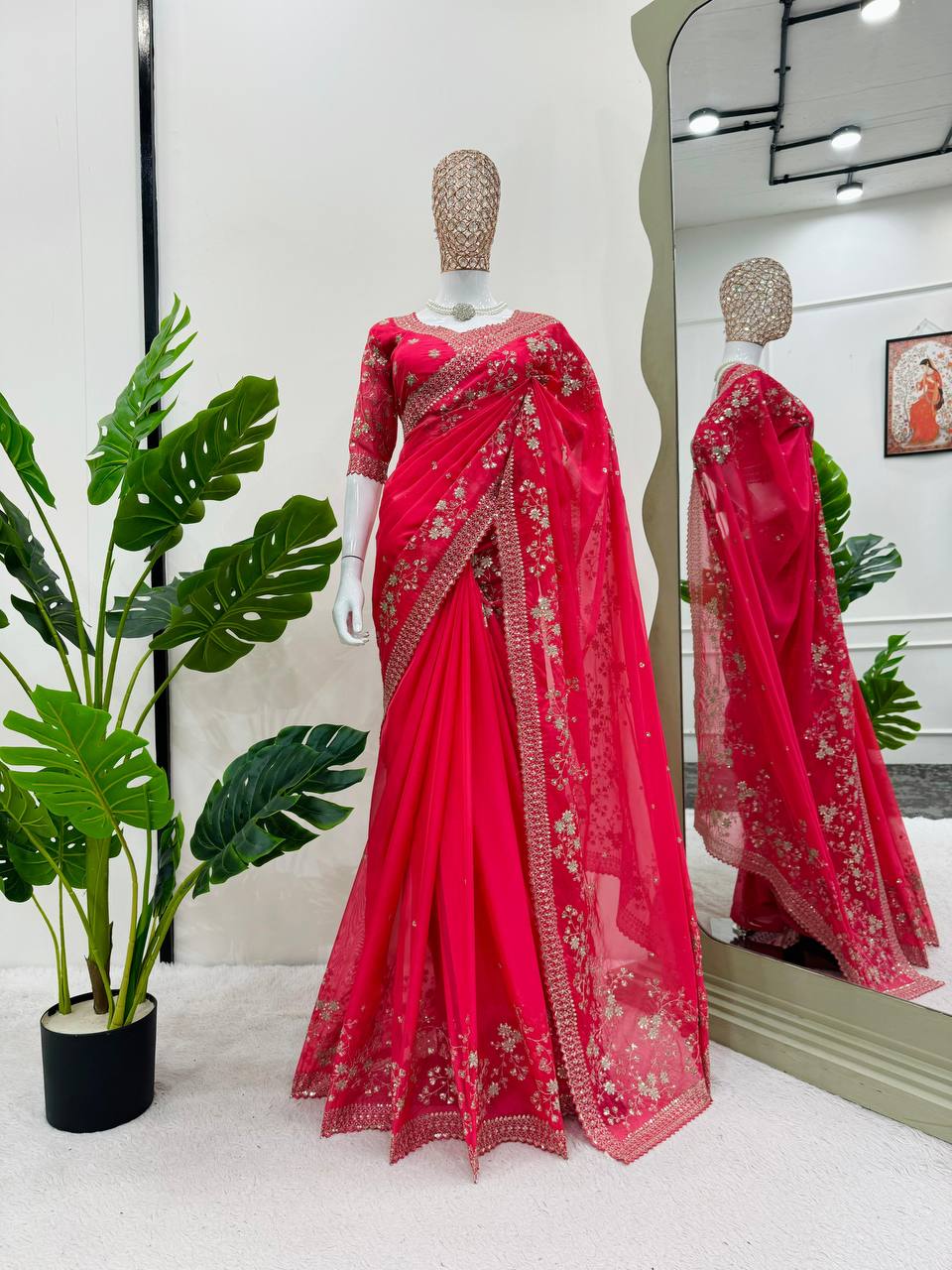 Red Color Silk Designer Sequence Work Wedding Wear Saree