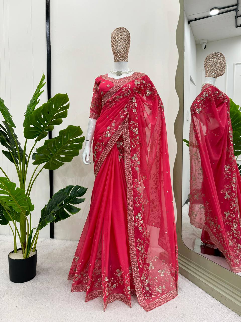 Red Color Silk Designer Sequence Work Wedding Wear Saree