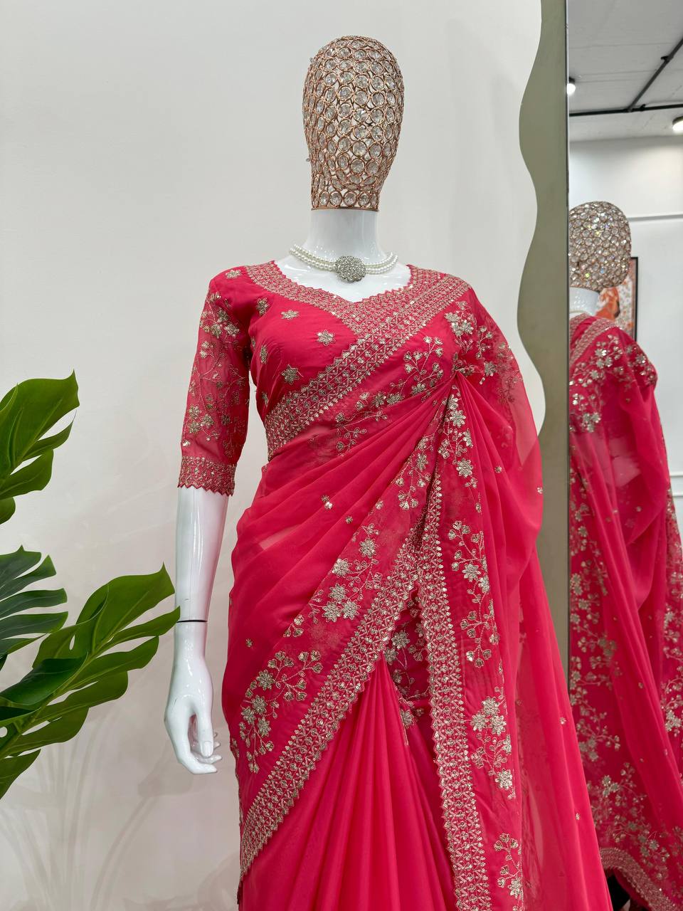 Red Color Silk Designer Sequence Work Wedding Wear Saree