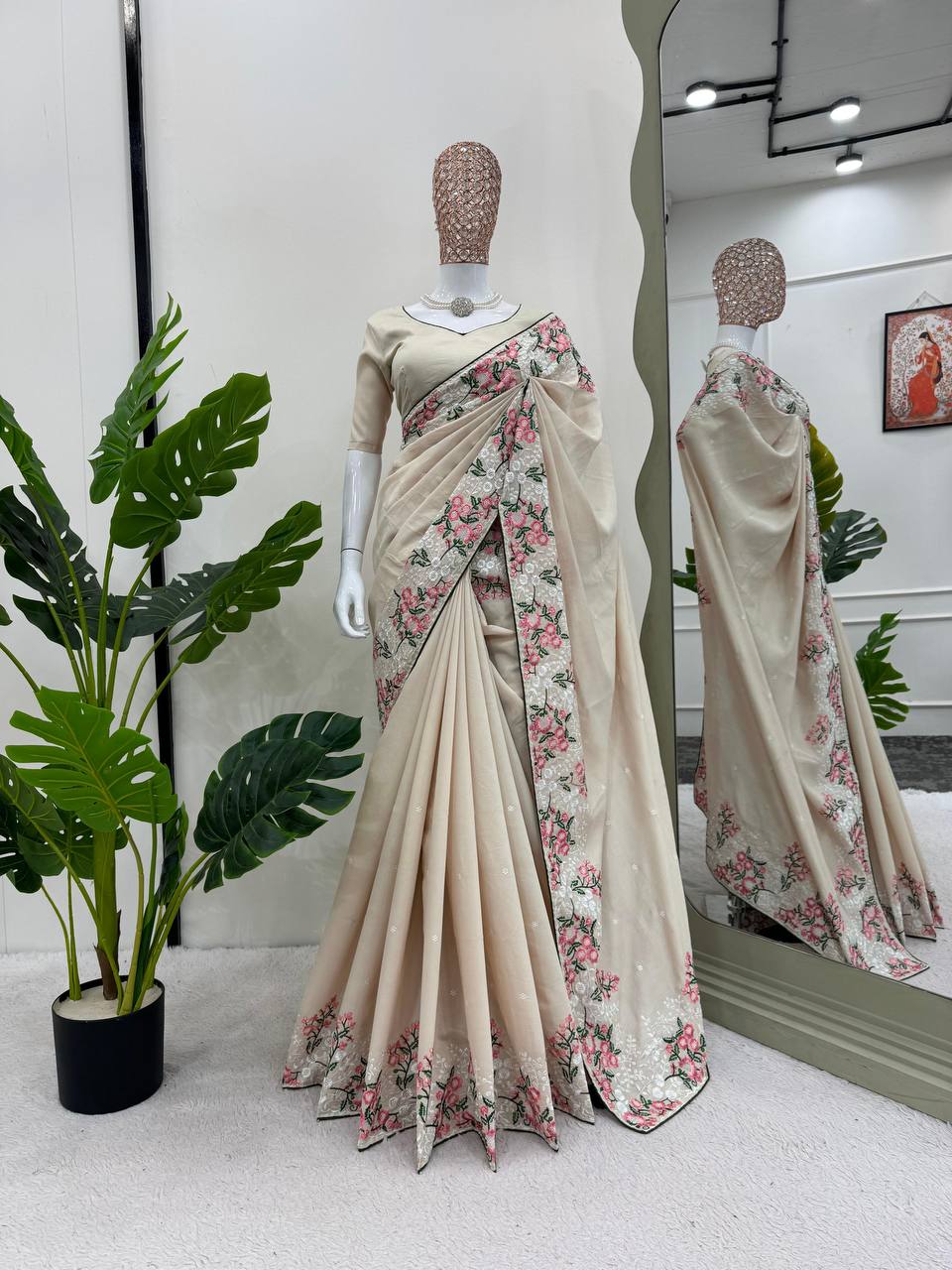 Cream Color Designer Thraed Work Trendy Silk Party Wear Saree