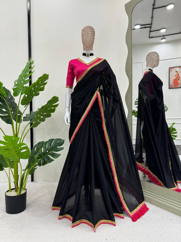 Black Color Mul Cotton Designer Trendy Party Wear Saree