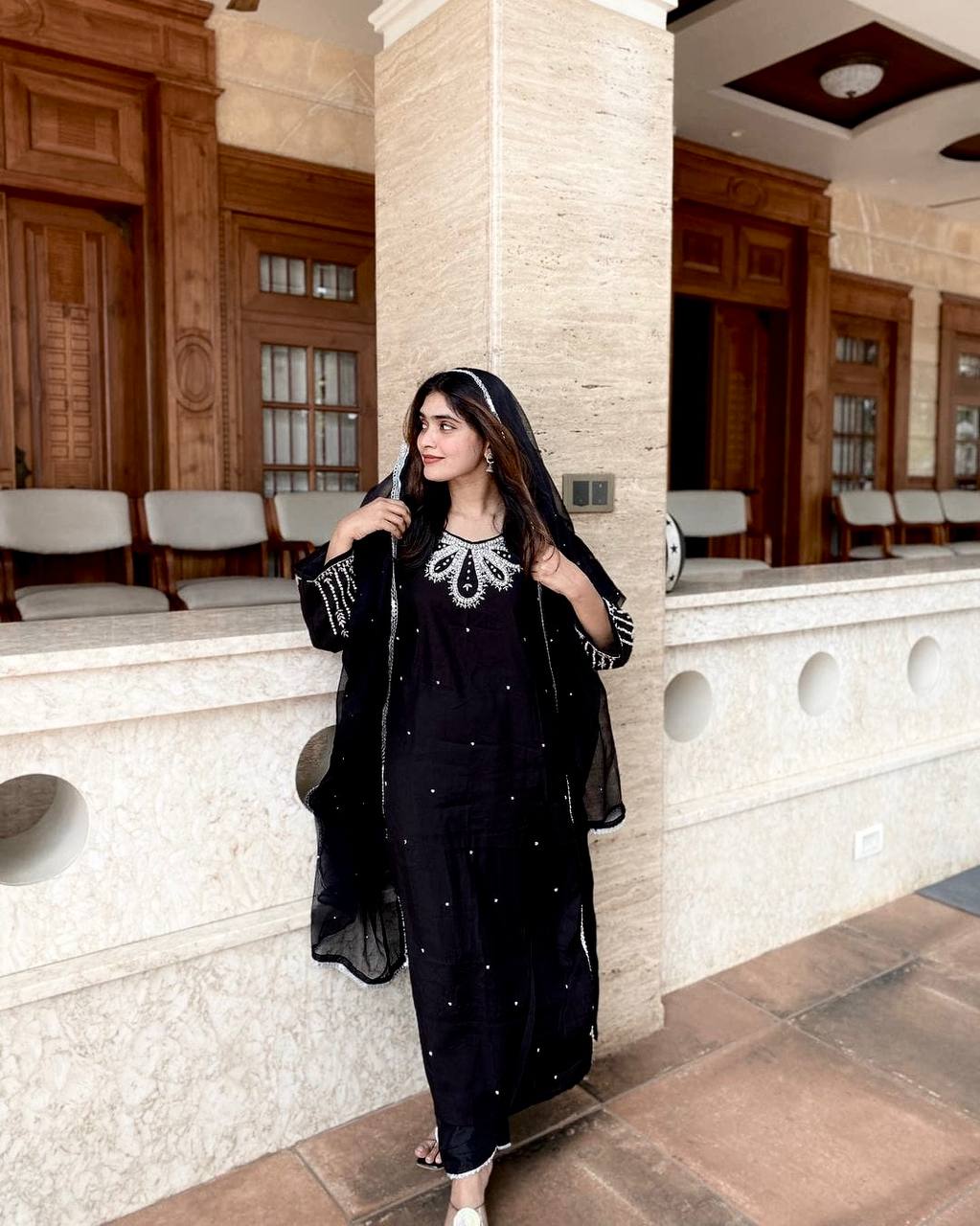 Black Color Daily Wear Muslin Cotton Designer Suit