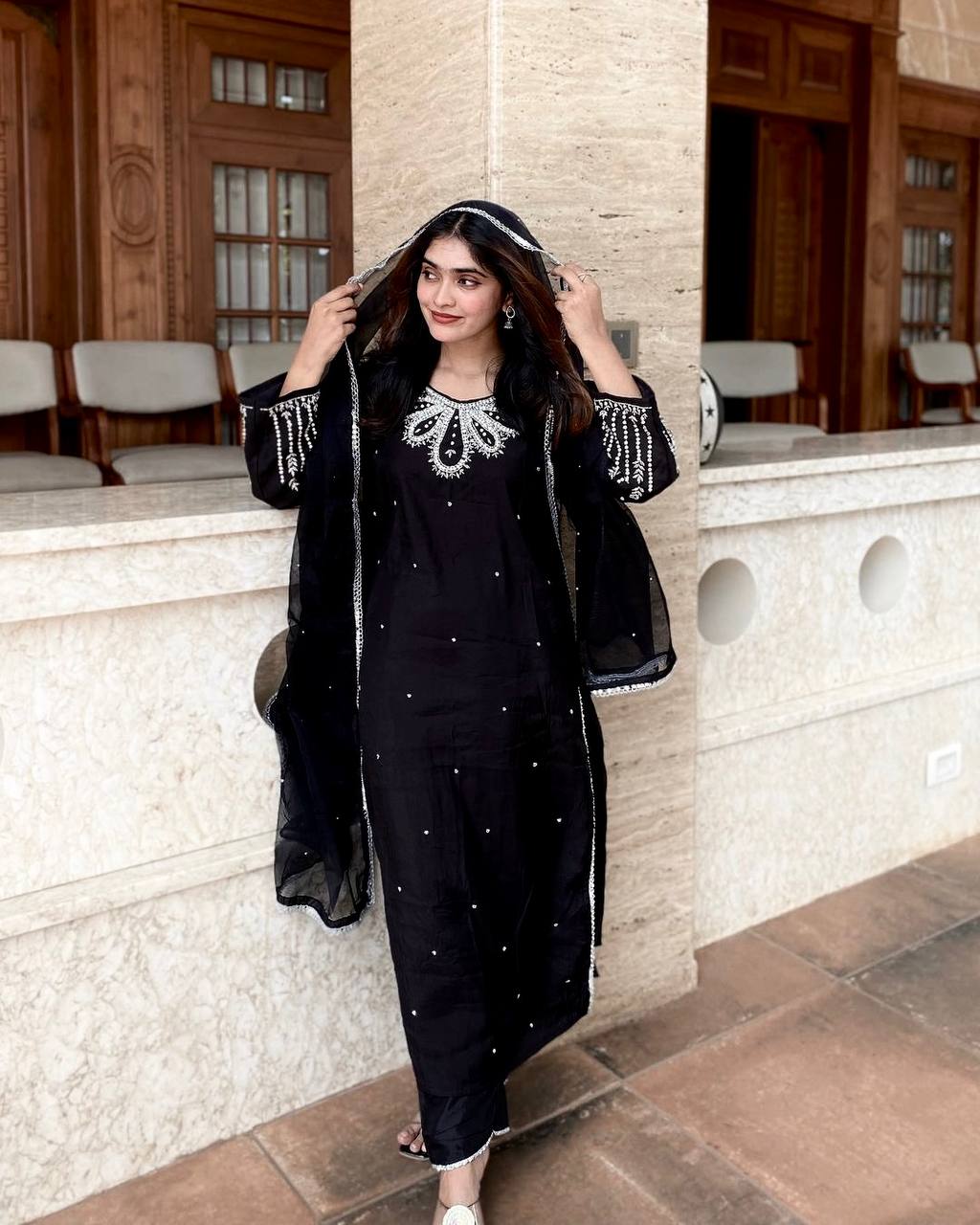 Black Color Daily Wear Muslin Cotton Designer Suit