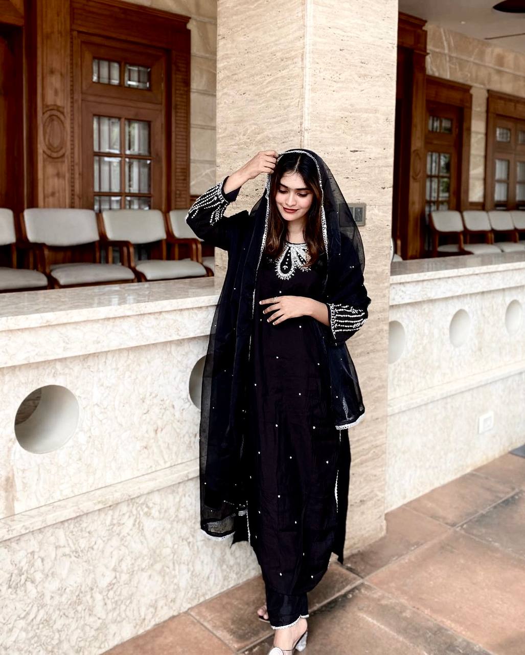 Black Color Daily Wear Muslin Cotton Designer Suit