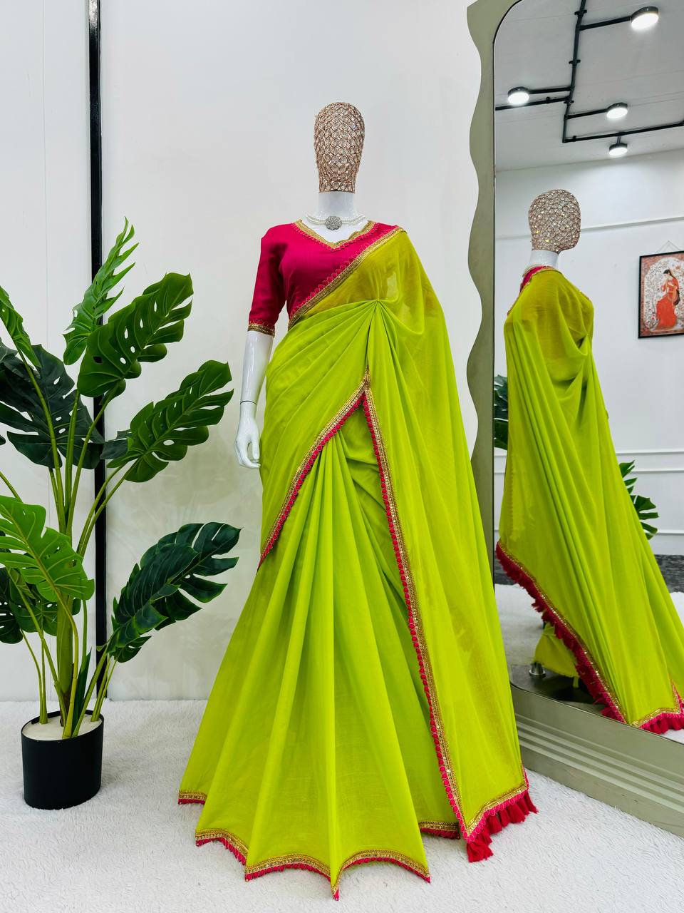 Lime Green Color Mul Cotton Designer Trendy Party Wear Saree