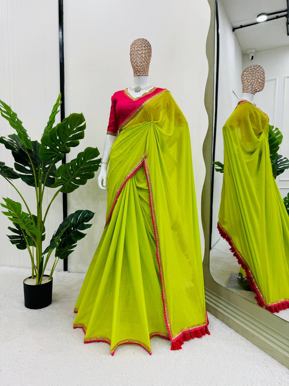 Lime Green Color Mul Cotton Designer Trendy Party Wear Saree