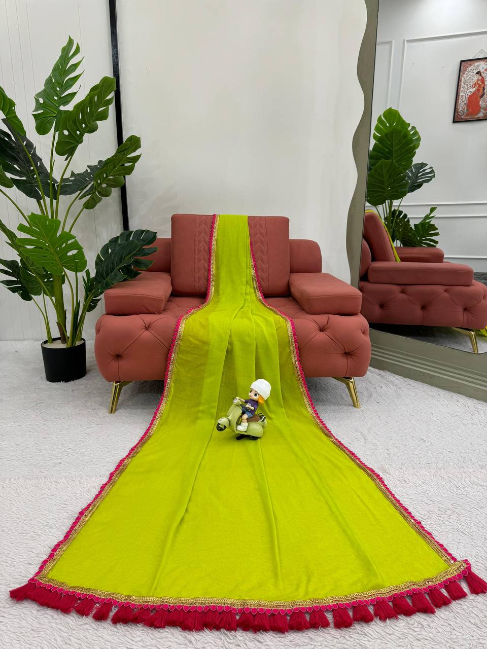 Lime Green Color Mul Cotton Designer Trendy Party Wear Saree