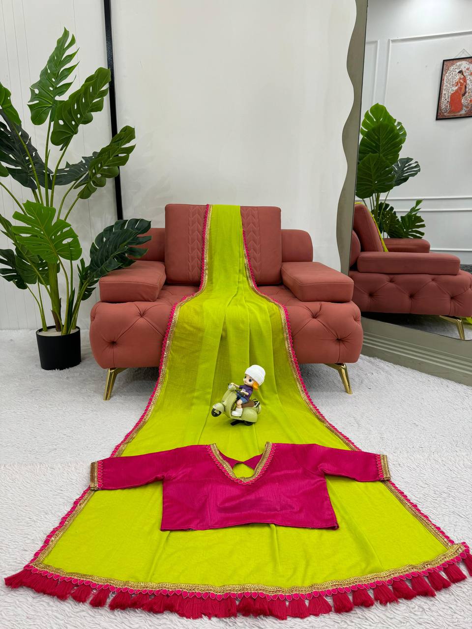 Lime Green Color Mul Cotton Designer Trendy Party Wear Saree