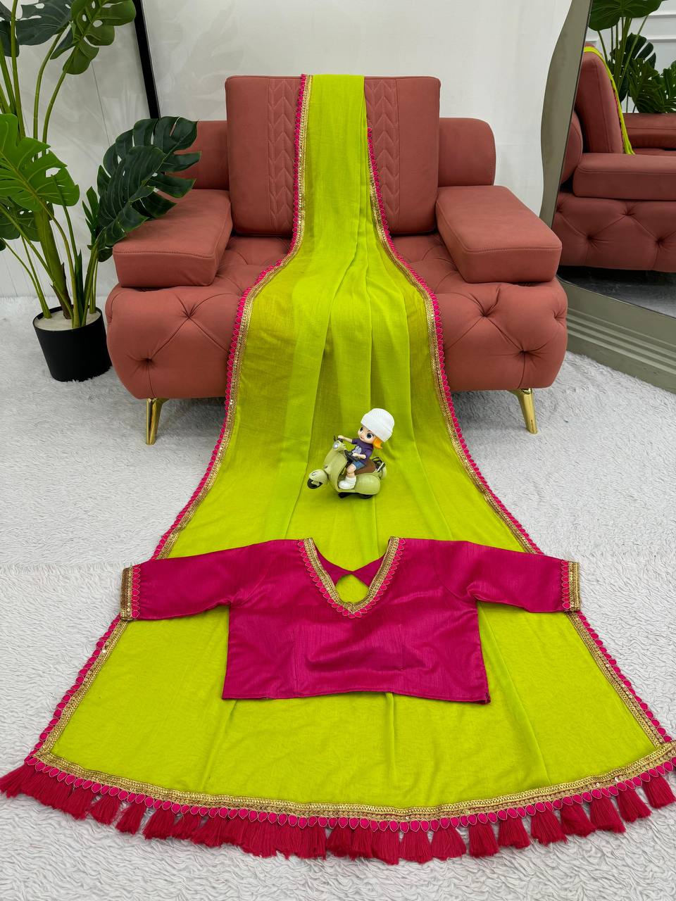 Lime Green Color Mul Cotton Designer Trendy Party Wear Saree