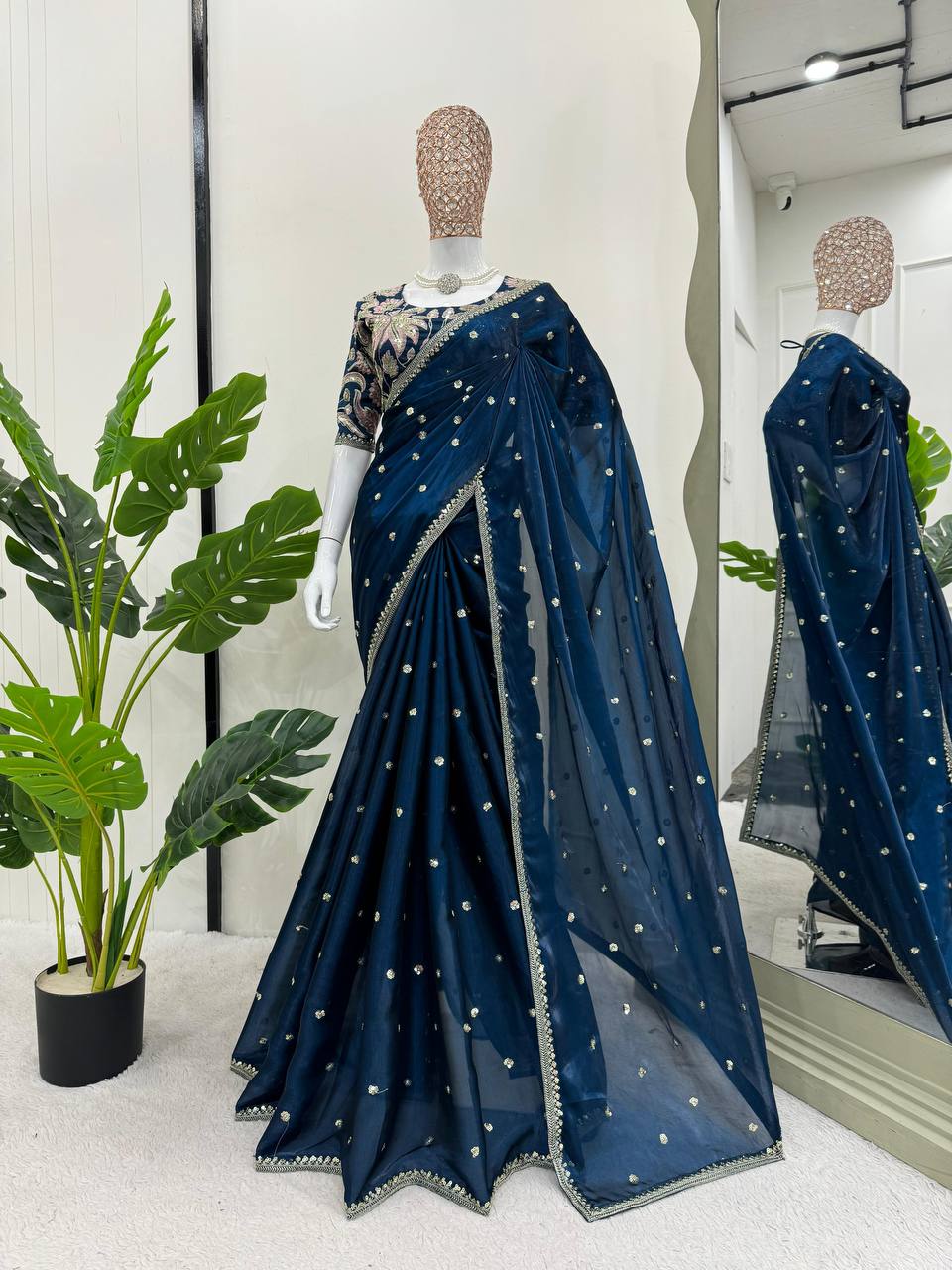 Navy Blue Color Sequence Embroidery Work Designer Trendy Saree