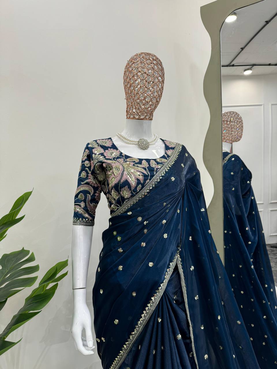 Navy Blue Color Sequence Embroidery Work Designer Trendy Saree