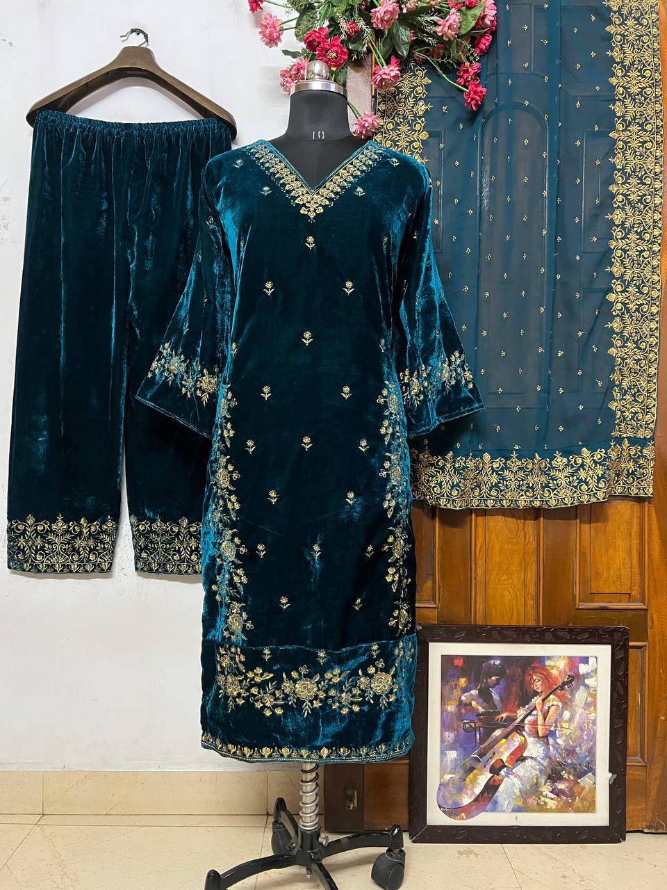 Sonakshi Sinha Wear Blue Color Embroidery Work Velvet Palazzo Suit