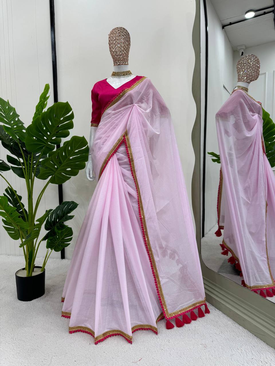 Light Pink Color Mul Cotton Designer Trendy Party Wear Saree