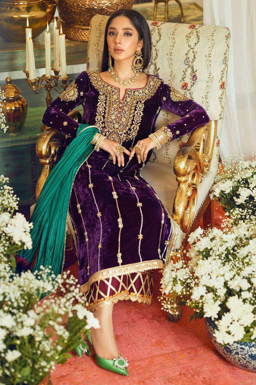 Purple Color Velvet Trendy Designer Embroidery Sequence Work Suit