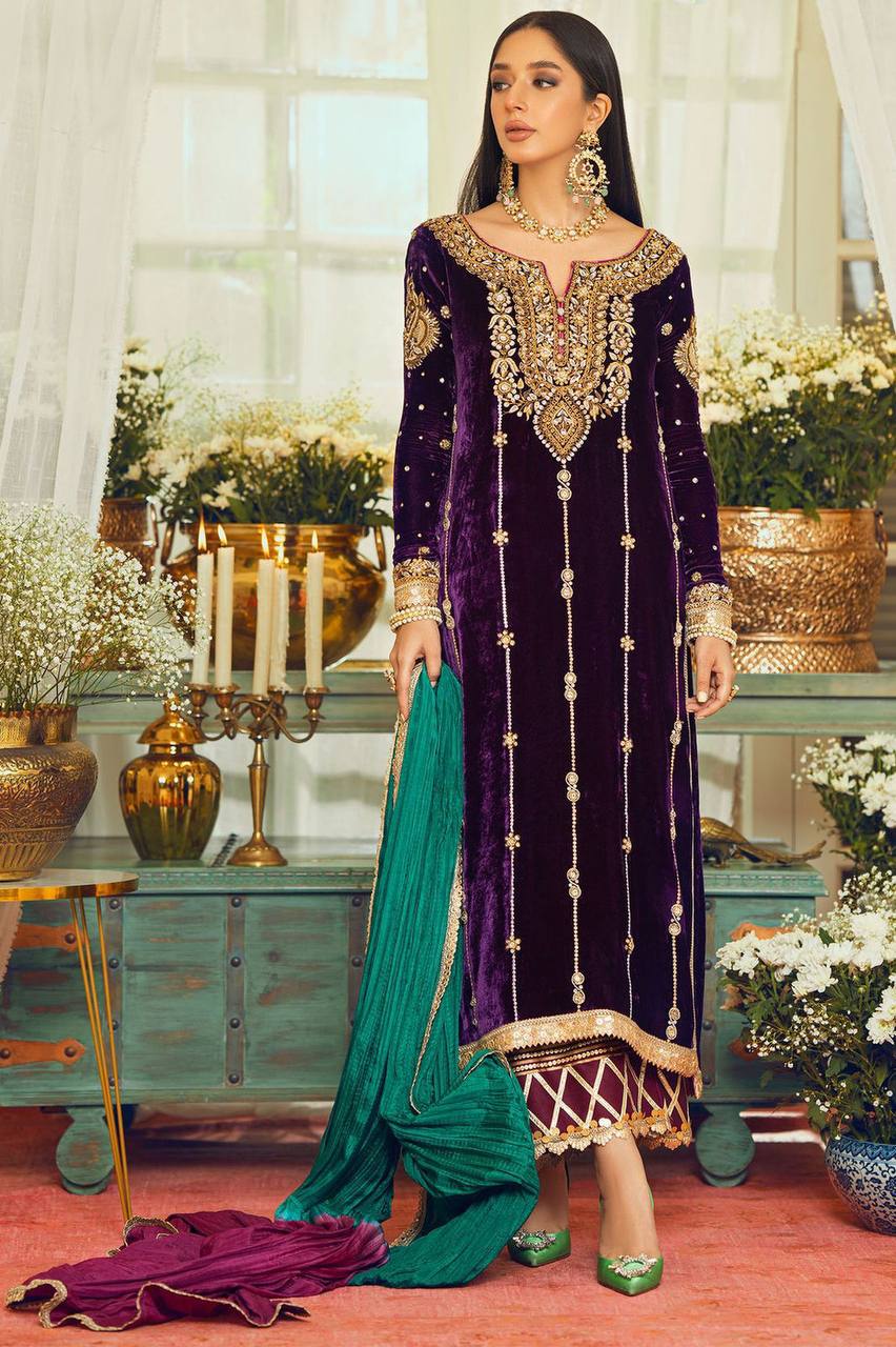 Purple Color Velvet Trendy Designer Embroidery Sequence Work Suit