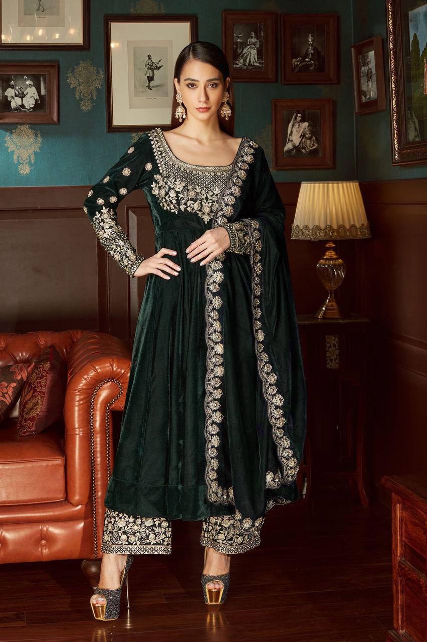 Green Color Velvet Designer Embroidery Work anarkali Palazzo Suit