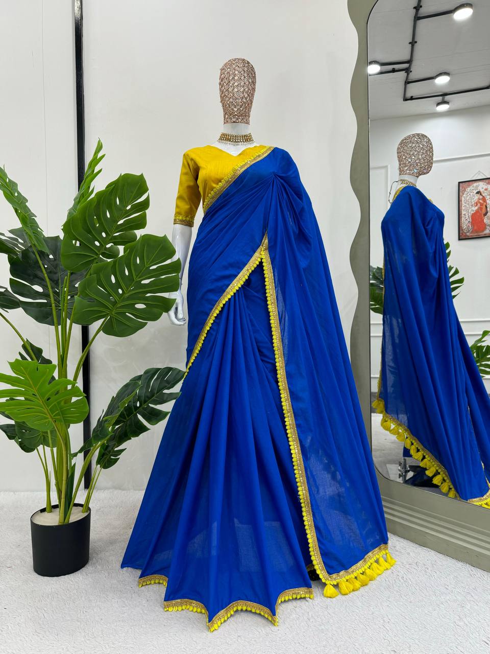 Royal Blue Color Mul Cotton Designer Trendy Party Wear Saree