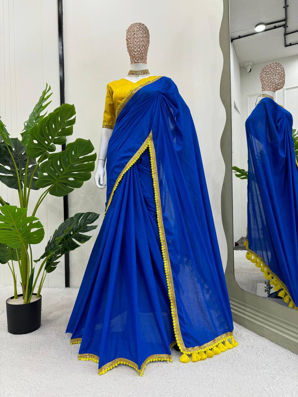 Royal Blue Color Mul Cotton Designer Trendy Party Wear Saree