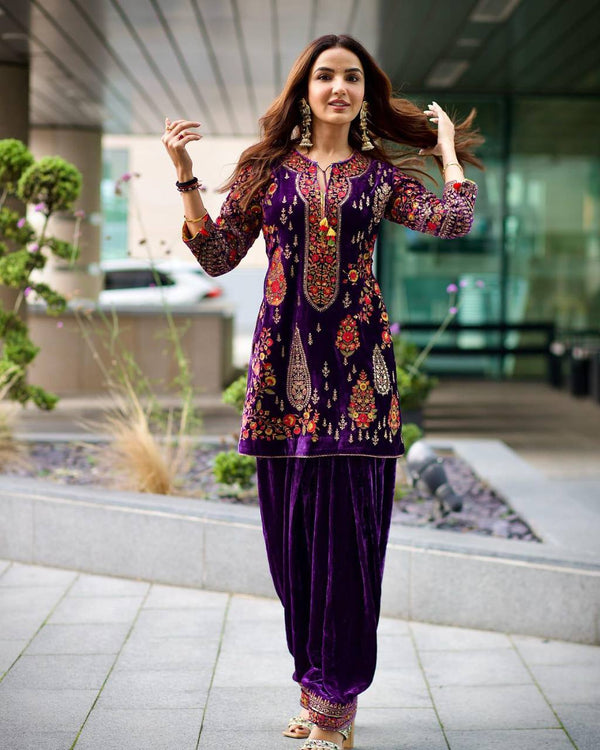 Violet Color Designer Embroidery Work Velvet Trendy Suit