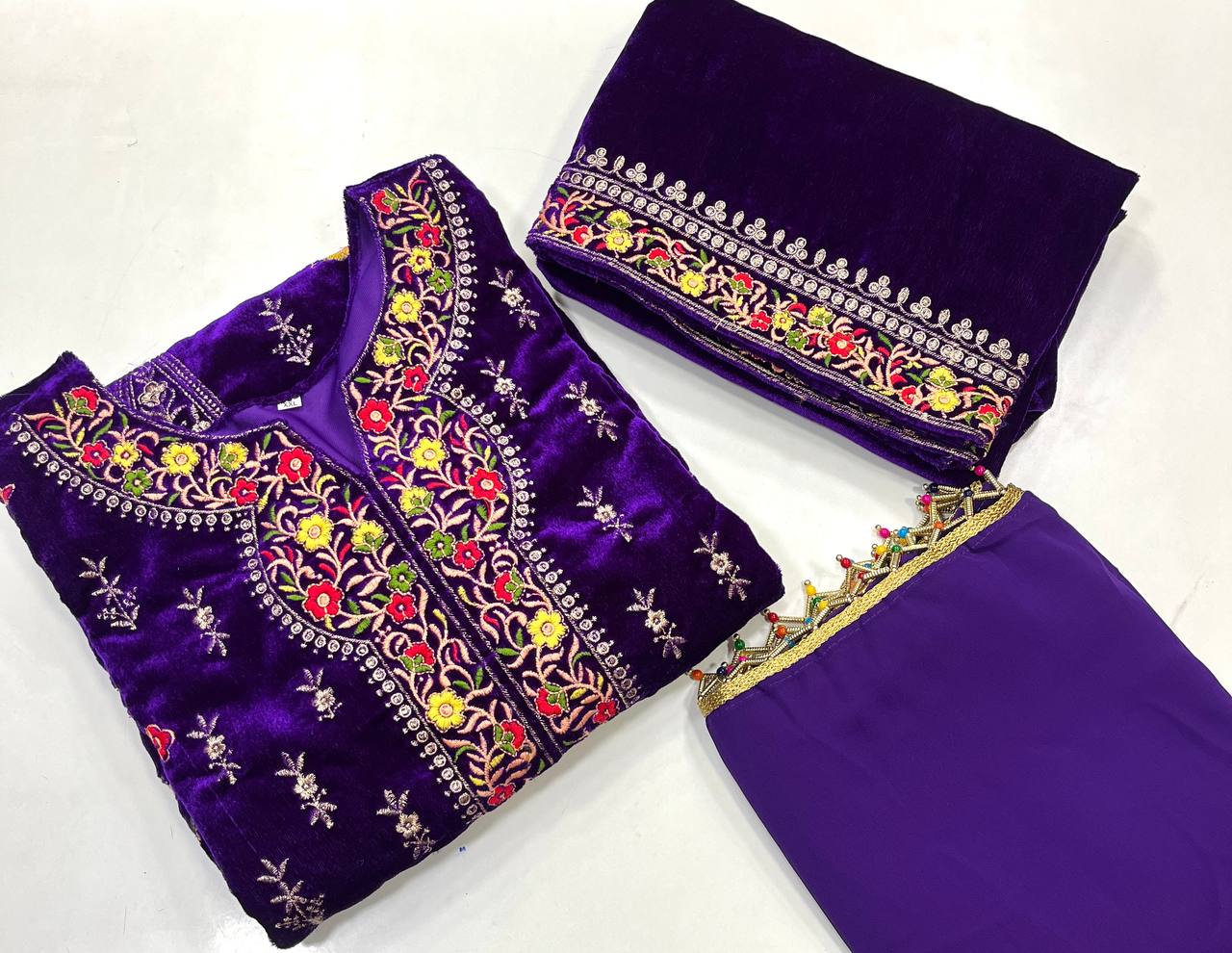 Violet Color Designer Embroidery Work Velvet Trendy Suit